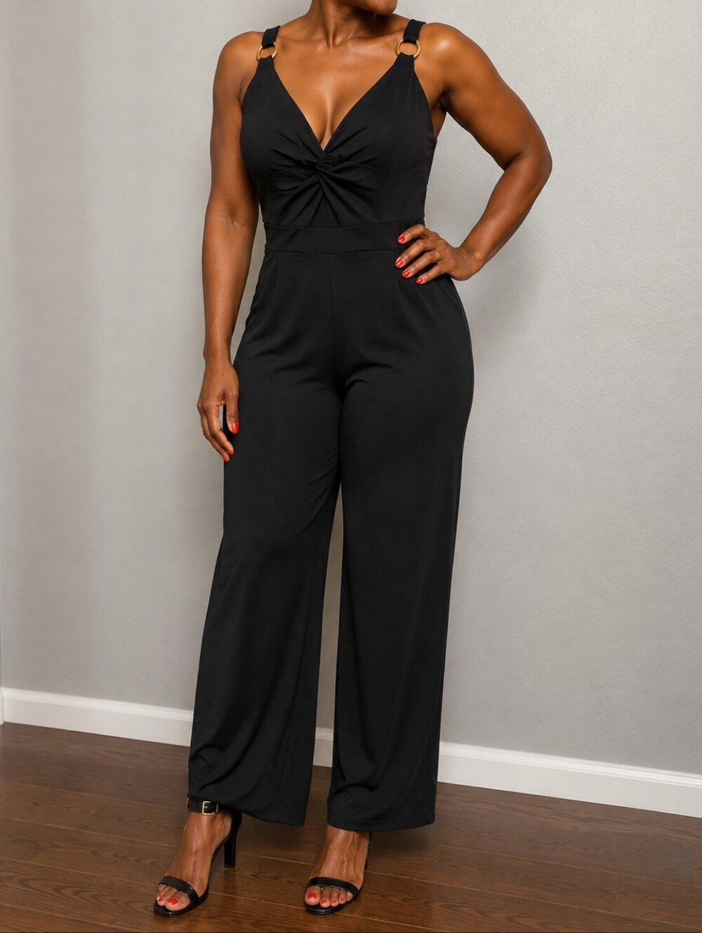Derek Heart Black V-Neck Wide-Leg Jumpsuit with Ring Straps